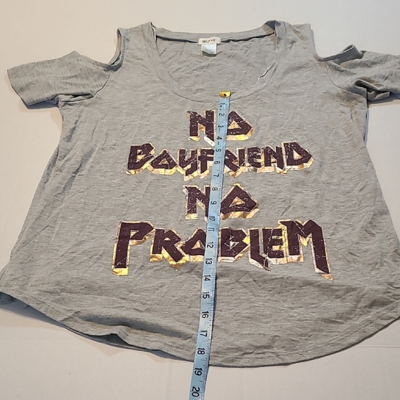 Self-Esteem Juniors Gray Cold Shoulder Womens Top NWT XL No Boyfriend No Problem - Picture 9 of 9